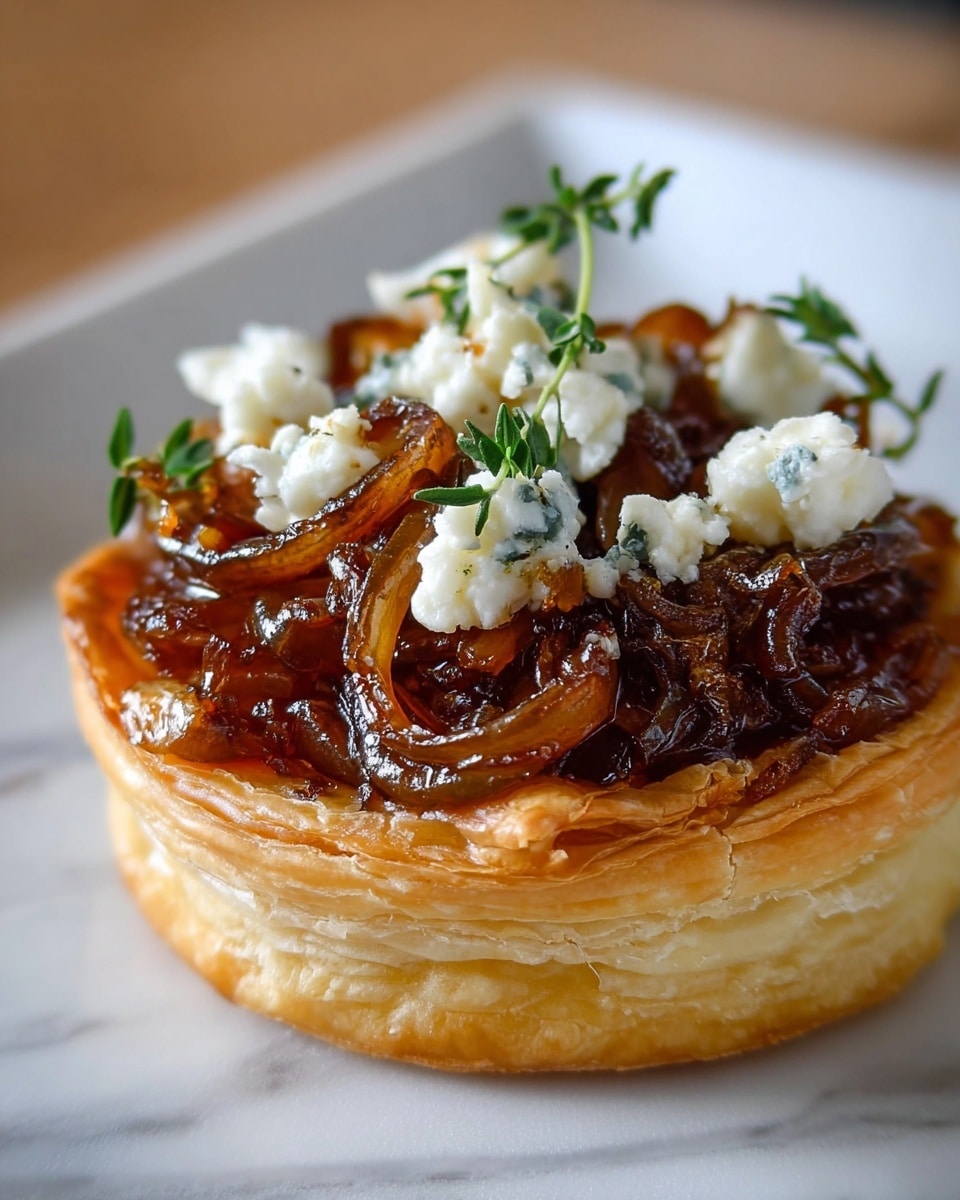 The image shows a small round tart with a golden, flaky puff pastry base that is thick and crisp. On top, there is a layer of caramelized onions that are dark brown with a shiny, soft texture, mixed with a few translucent slices of cooked yellow onion rings. Scattered on the caramelized onions are small dollops of creamy white cheese with subtle green herbs inside, slightly melted and browned on top. Fresh green thyme sprigs are placed on the cheese and onions, adding a fresh touch. The tart is placed on a white plate, against a white marbled background. photo taken with an iphone --ar 4:5 --v 7