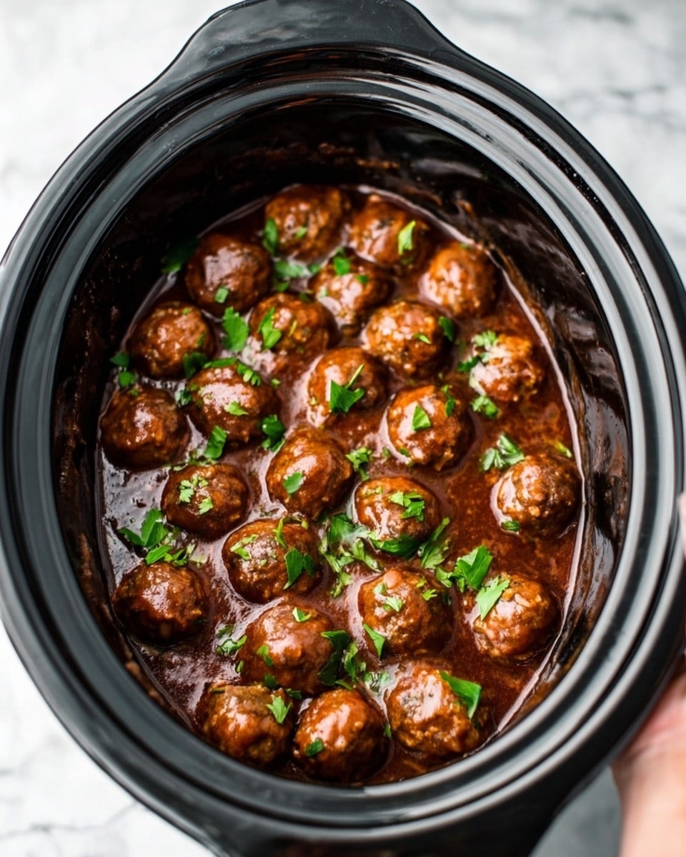 The image shows a black slow cooker filled with many round meatballs in a thick, dark brown sauce. The meatballs are arranged closely together, covered well by the sauce that has a slightly shiny texture. There are small bright green parsley leaves scattered on top, adding color contrast to the rich brown meatballs and sauce. The slow cooker is placed on a white marbled surface, and a woman's hand is holding the edge of the cooker. photo taken with an iphone --ar 4:5 --v 7