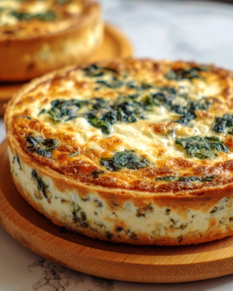 The image shows a round baked quiche placed on a wooden board, with a golden brown, slightly crispy top layer that includes patches of melted cheese and green spinach leaves spread evenly across. The middle layer is creamy white with visible bits of spinach and herbs mixed inside, while the crust is thin, light brown, and slightly raised around the edges. In the out-of-focus background, there is another similar quiche slice visible. The scene is set on a white marbled surface. Photo taken with an iphone --ar 4:5 --v 7