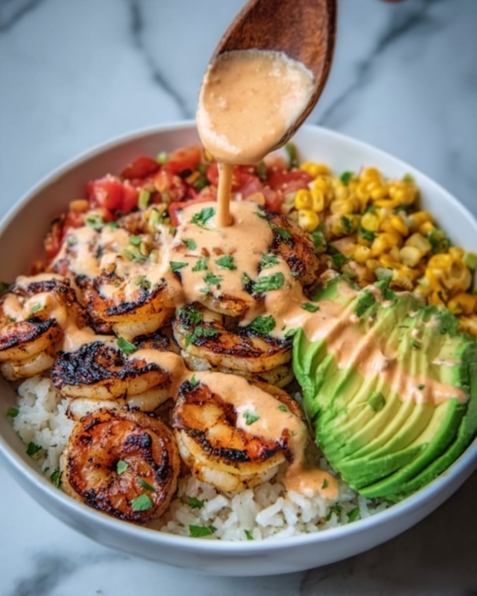 A white bowl filled with a base layer of white rice, topped with grilled shrimp that are golden brown with slight char marks, arranged in a circle. On one side, there is a layer of bright yellow corn kernels and diced red tomatoes, adding vibrant colors. Next to the shrimp, slices of green avocado are placed neatly. A creamy, light orange sauce with green herb pieces is drizzled generously over the shrimp, with a woman's hand holding a white spoon applying the sauce. The bowl sits on a white marbled surface. photo taken with an iphone --ar 4:5 --v 7