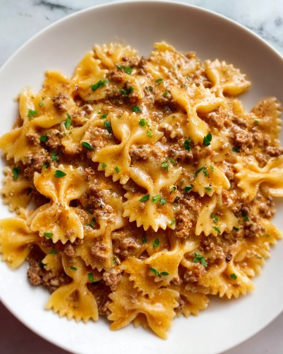 A close-up view of a white plate filled with farfalle pasta coated in a creamy ground meat sauce. The pasta is light yellow with a smooth texture and bow-tie shape, evenly mixed with a brownish meat sauce that has a slightly chunky texture. Small green parsley leaves are scattered on top, adding a fresh contrast. The white plate sits on a white marbled surface. Photo taken with an iphone --ar 4:5 --v 7