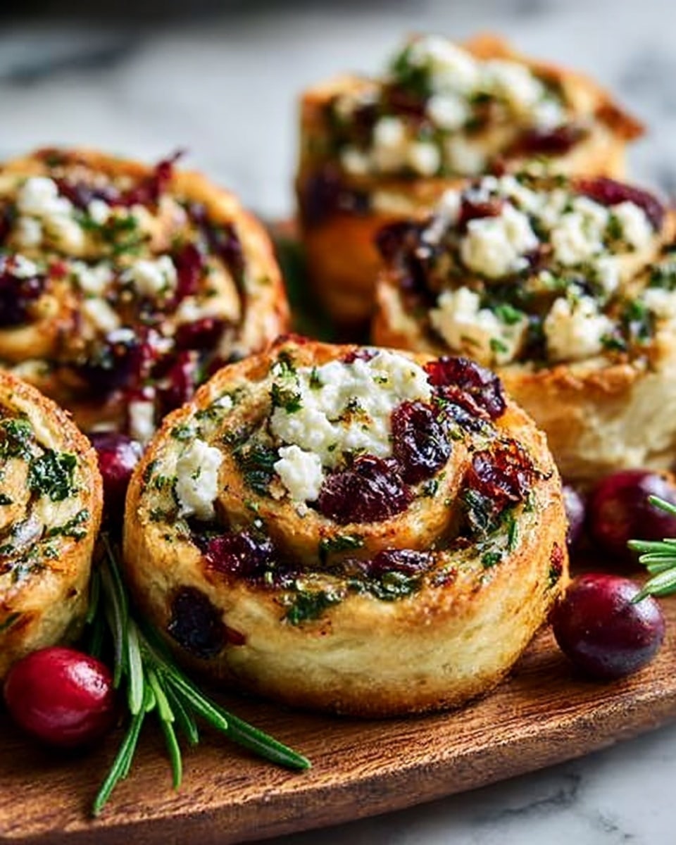 The image shows several spiral-shaped savory rolls arranged closely on a wooden board, each with layers of golden-baked dough swirled with dark red cranberries and finely chopped green herbs. The rolls are topped with crumbled white cheese, adding a slightly crumbly texture and contrasting color. The outside edges of the rolls are a crispy golden brown, while the inside layers show a soft, fluffy dough with embedded ingredients. Around the base of the rolls, some whole cranberries and sprigs of fresh rosemary add extra color and detail. The background is a clean white marbled surface. Photo taken with an iphone --ar 4:5 --v 7