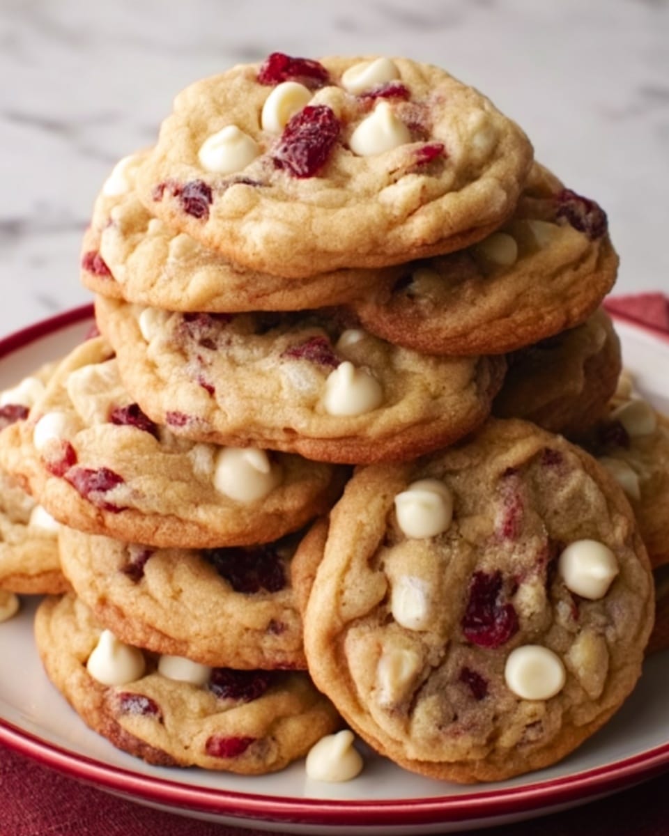 A stack of about seven round cookies sits on a white plate with a red edge, each cookie golden brown and studded with white chocolate chips and dried red cherries throughout. The cookies have a soft, slightly chewy texture with some cracks on the surface, the white chips and red cherries contrasting sharply against the warm cookie dough. The plate is placed on a white marbled surface. photo taken with an iphone --ar 4:5 --v 7
