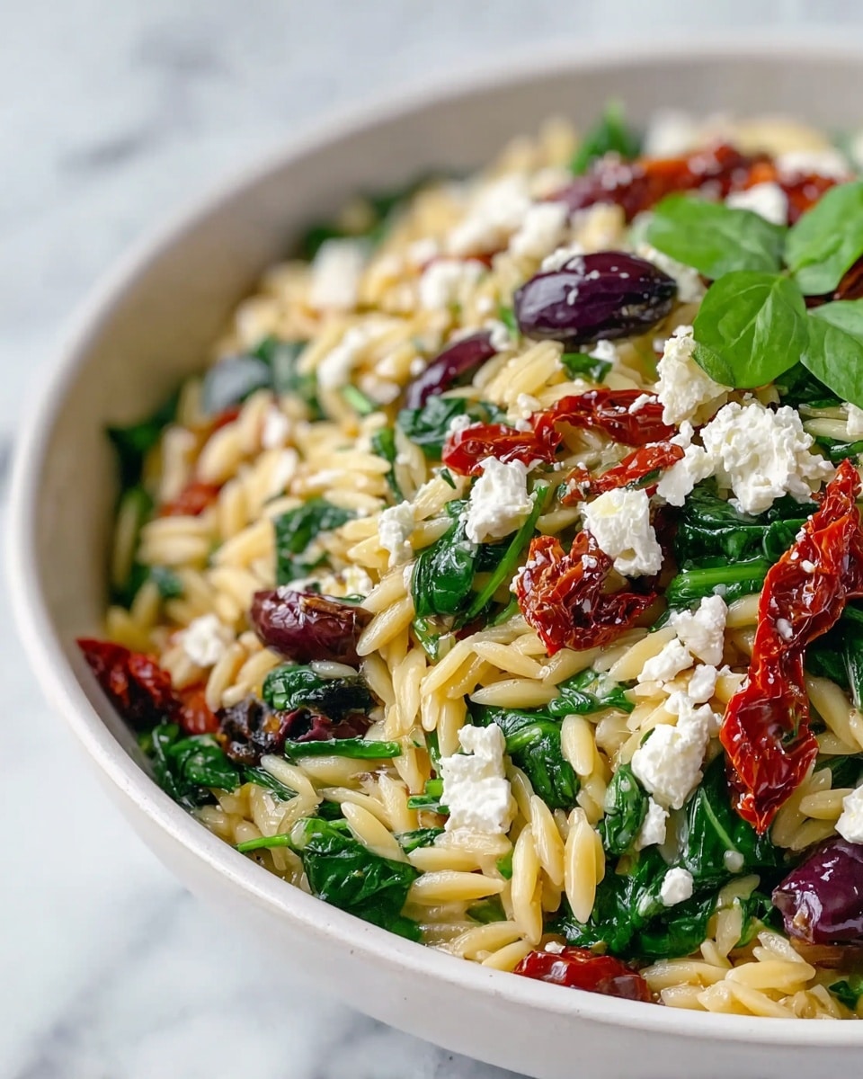 A close-up view of a white bowl filled with a colorful orzo salad showing about four main layers: the base is light golden orzo pasta, scattered with bright green sautéed spinach leaves, mixed with dark purple olives, and topped with crumbled white feta cheese and sun-dried red tomatoes. The textures vary from soft orzo, slightly wilted spinach, firm olives, and crumbly cheese, all resting inside the smooth white bowl placed on a white marbled surface. photo taken with an iphone --ar 4:5 --v 7