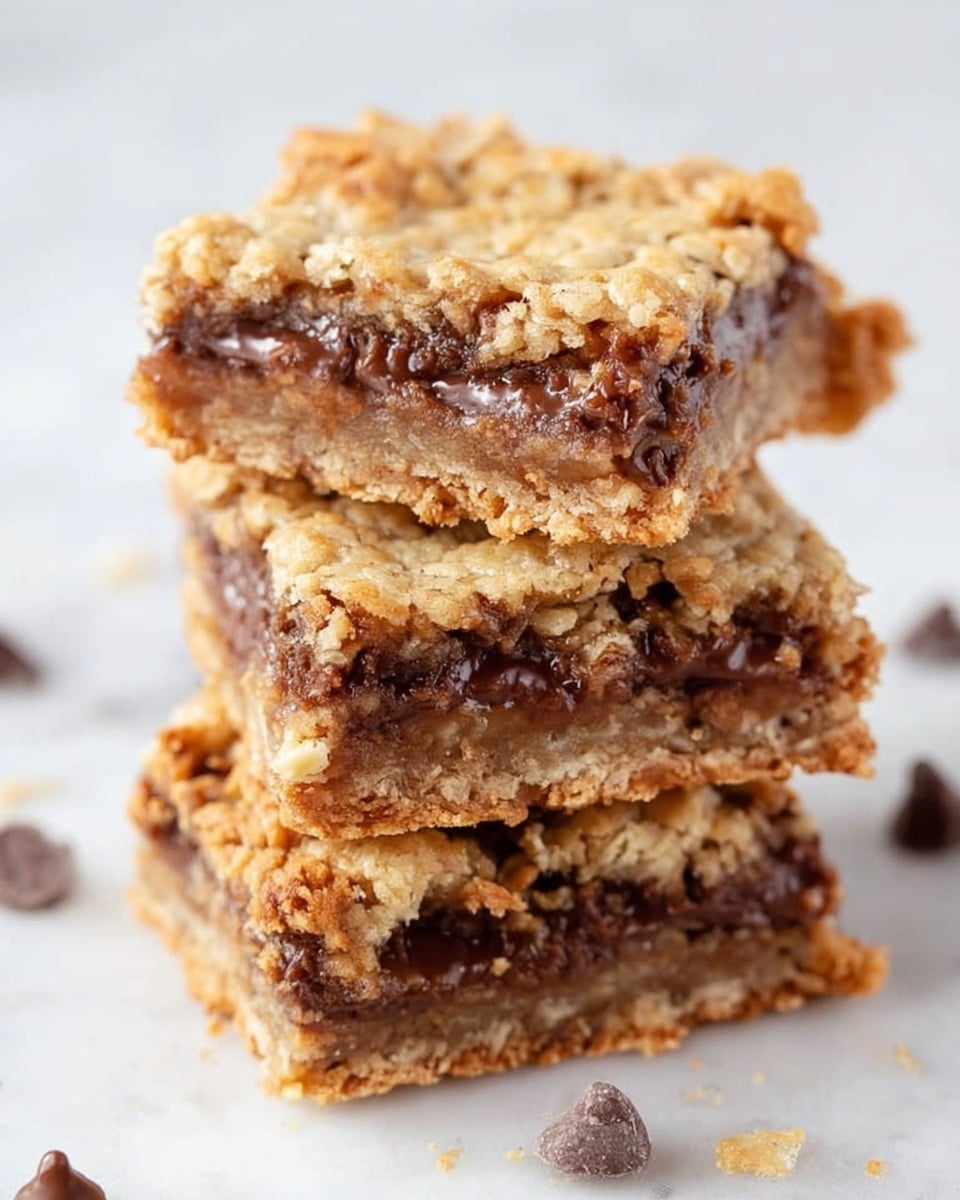 The image shows a stack of three square oat bars with rich, gooey chocolate filling in the middle layer, sandwiched between two crumbly, golden-brown oat crust layers. The top and bottom layers have a rough texture with visible oat flakes, while the middle chocolate layer looks smooth and slightly melted. The bars are placed on a white marbled surface with a few chocolate chips and oat crumbs scattered around, emphasizing their homemade and fresh look. photo taken with an iphone --ar 4:5 --v 7