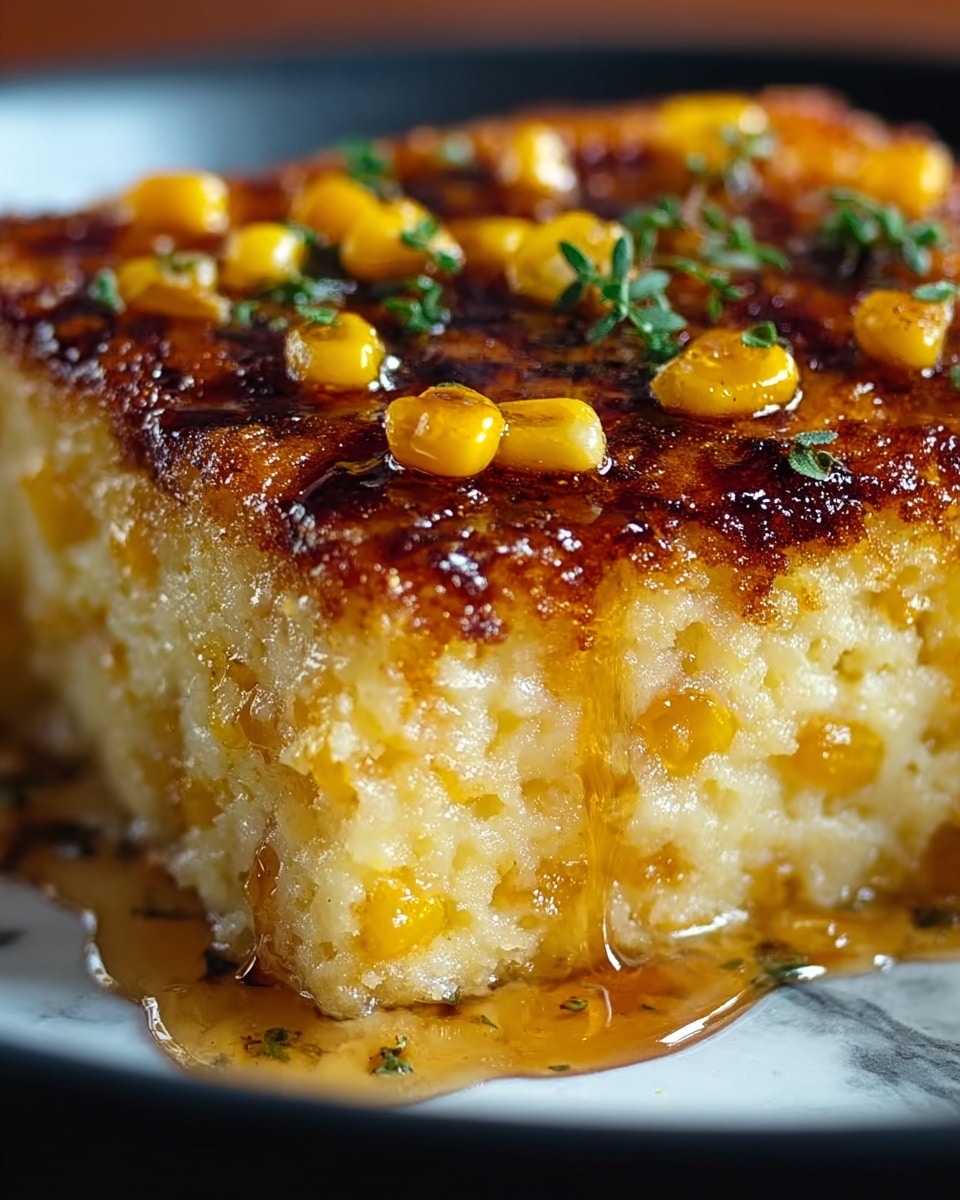 A close-up of a square piece of corn pudding with two visible layers, the bottom layer is thick and soft with a light yellow color and visible corn kernels, and the top layer is a crispy, caramelized brown crust with whole corn kernels and small green herb pieces scattered on top. The dish is in a black pan with a white marbled surface in the background, and the caramelized syrup is slowly dripping down the side. photo taken with an iphone --ar 4:5 --v 7