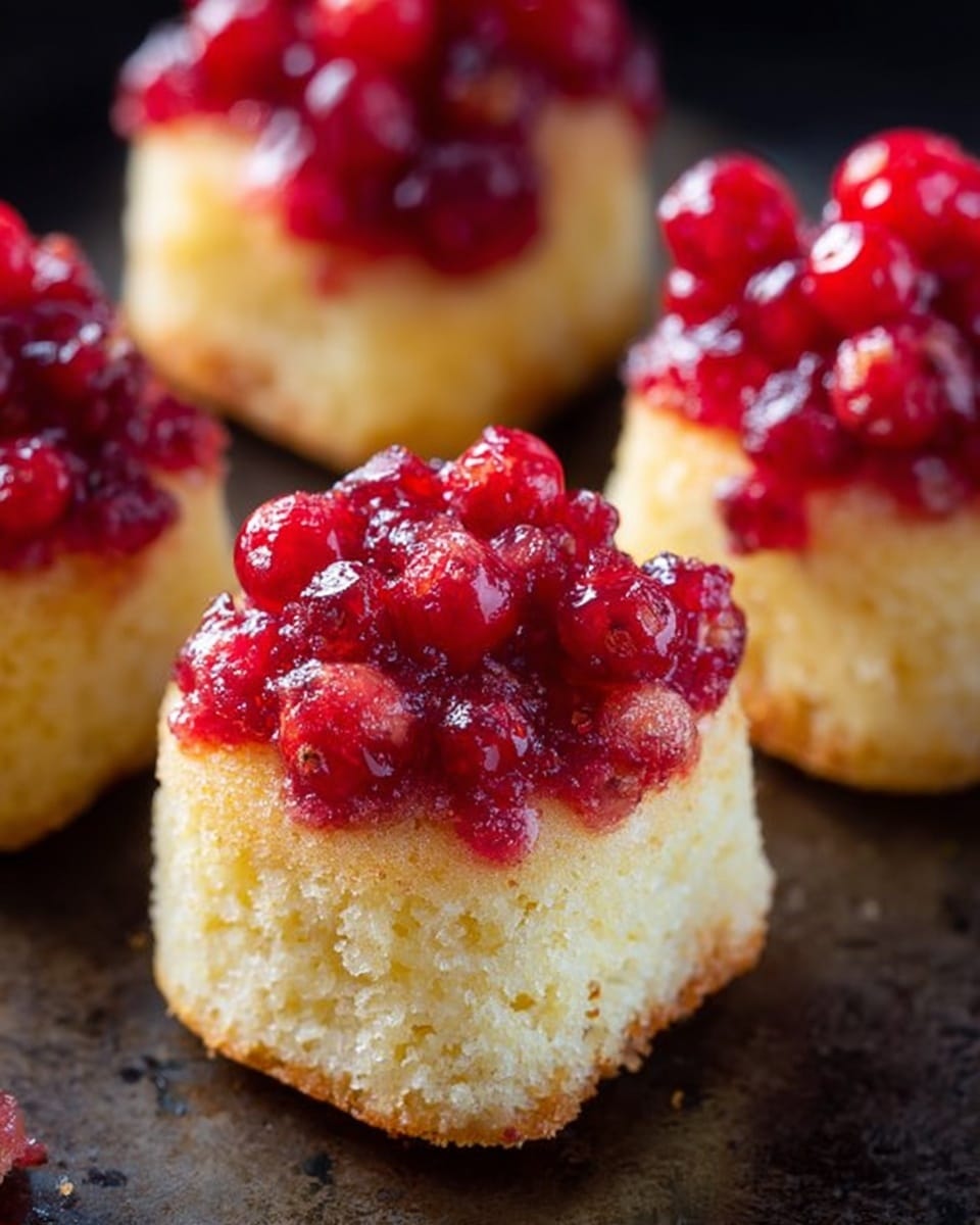 The image shows small upside-down mini cakes arranged on a dark metal surface. Each mini cake has two visible layers – a bottom fluffy, light yellow cake layer with a soft and airy texture, and a top layer made of shiny, bright red berries that look juicy and slightly sticky, forming a rough, uneven surface. The berries are clustered close together, giving a textured, glossy appearance. Photo taken with an iphone --ar 4:5 --v 7