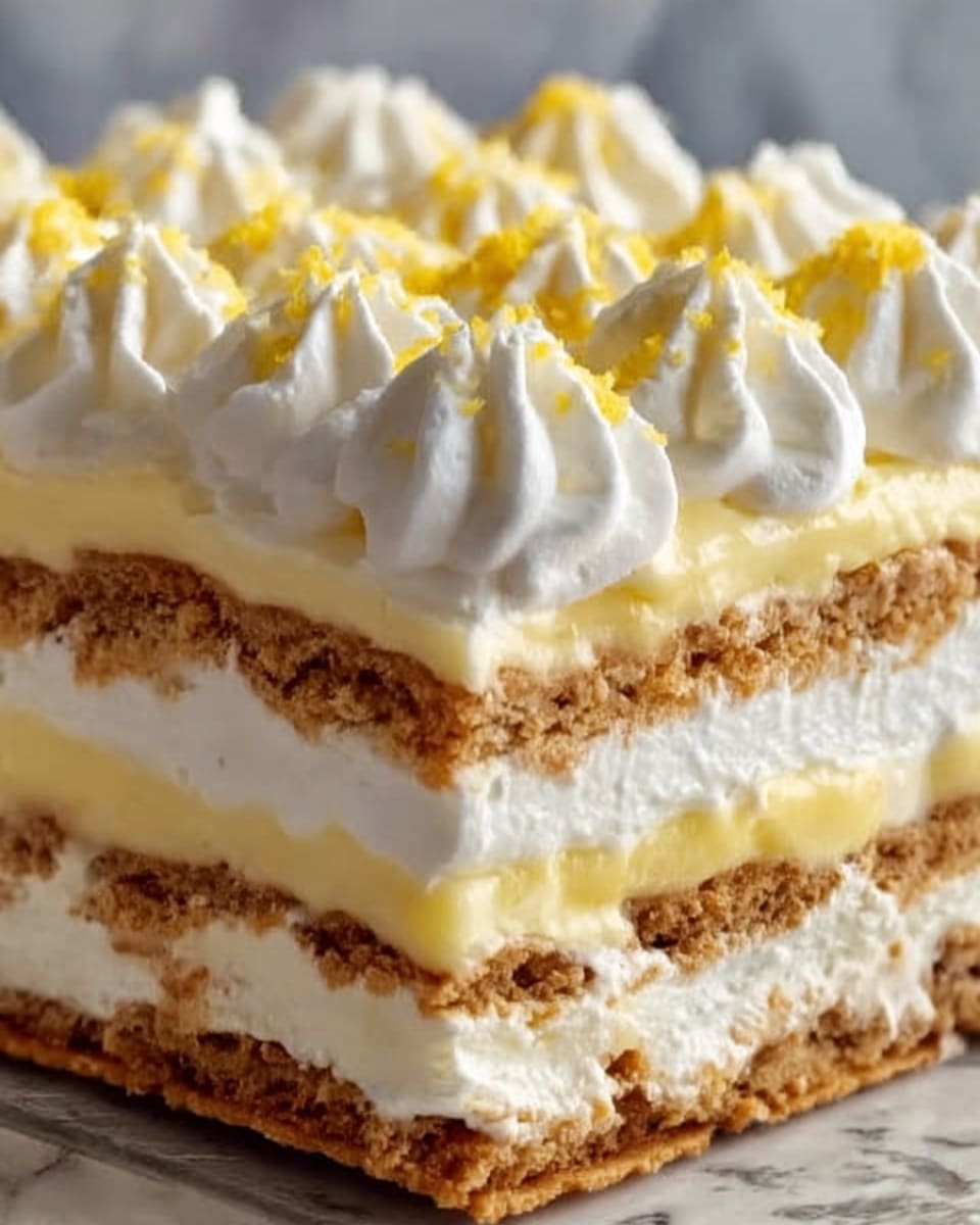 The image shows a close-up of a dessert with four layers. The bottom and third layers consist of light brown crunchy crackers or cookies. Between them are two thick layers of smooth, creamy, pale yellow filling. On the top layer, dollops of white whipped cream decorate the dessert with small yellow bits sprinkled over it. The dessert is set against a white marbled background. Photo taken with an iphone --ar 4:5 --v 7