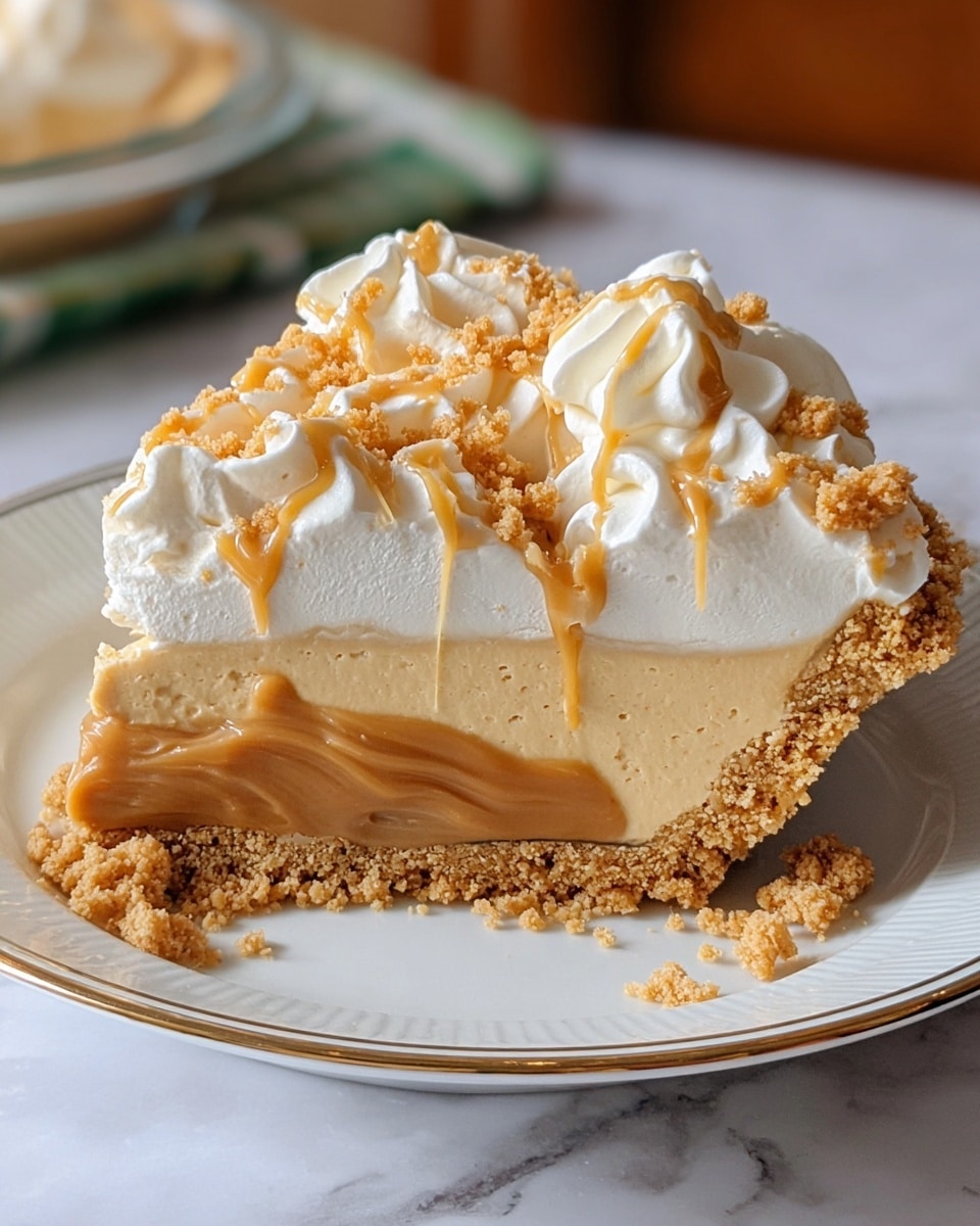 A slice of pie is shown on a white plate with gold trim, resting on a white marbled surface. The pie has three visible layers: the bottom is a crumbly, light tan crust; the middle layer is thick, smooth, and creamy with a caramel color; the top layer is white whipped cream, shaped in swirls, decorated with small beige crumbs and thin caramel-colored shavings. The pie’s crust edges are uneven and crumbly, slightly overlapping the plate rim. Photo taken with an iphone --ar 4:5 --v 7