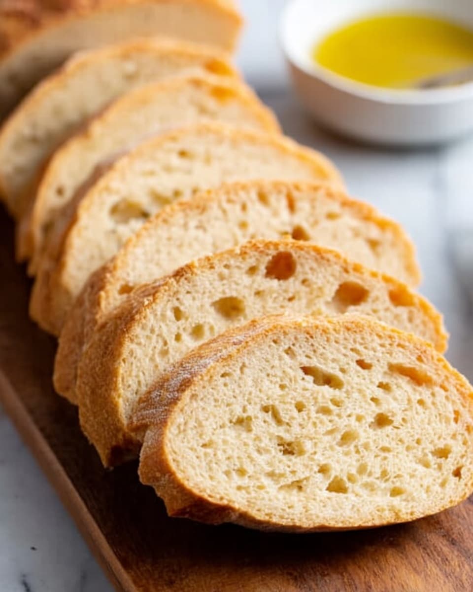 The image shows several slices of light golden brown bread arranged in a neat line on a wooden board, with the texture of the bread appearing soft and slightly airy with small holes inside. The crust is thin and evenly browned, and the slices gradually get smaller from front to back. Near the board, there is a white bowl with a yellow olive oil dip visible at the edge. The background is a white marbled texture. Photo taken with an iphone --ar 4:5 --v 7