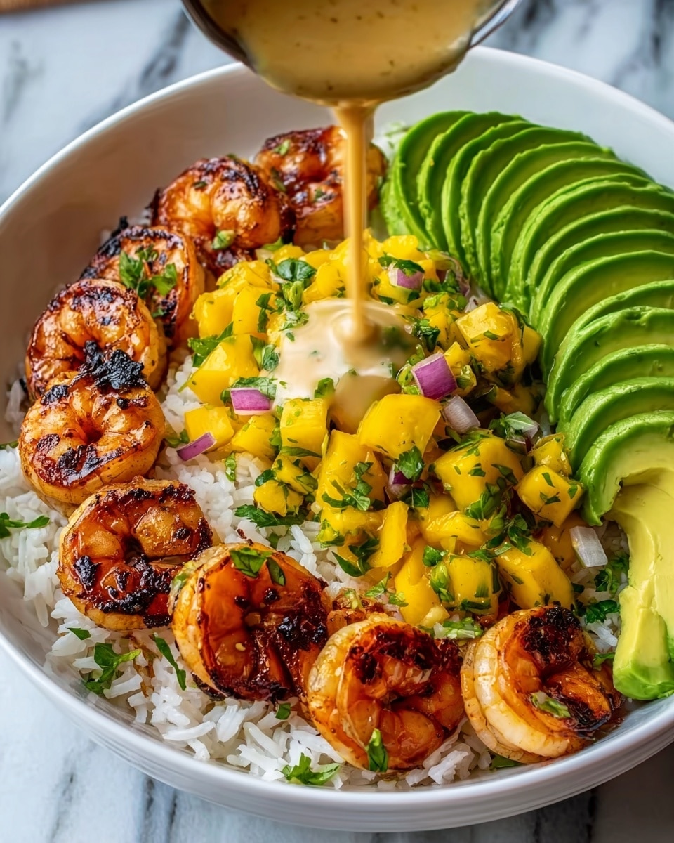 A white bowl filled with a base layer of white rice, topped with a circle of grilled shrimps browned with char marks on one side, next to a fan of bright green sliced avocado on the other. In the center is a heap of yellow mango cubes mixed with chopped red onion and green herbs. A creamy dressing is being poured over the mango topping from above. The background shows a white marbled texture. Photo taken with an iphone --ar 4:5 --v 7