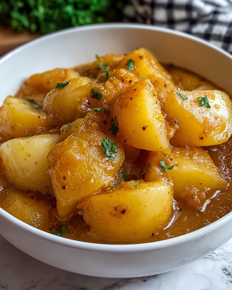 The image shows a close-up of a white bowl filled with golden-yellow potato chunks in a thick, rich brown sauce. The potatoes are soft, with a slightly shiny texture, and sprinkled with small green parsley leaves on top for color contrast. The sauce clings to the potatoes and has visible black pepper specks. The bowl sits on a white marbled surface with some green garnish blurred in the background. The lighting highlights the glossy, warm tones of the dish, making it look fresh and comforting. photo taken with an iphone --ar 4:5 --v 7