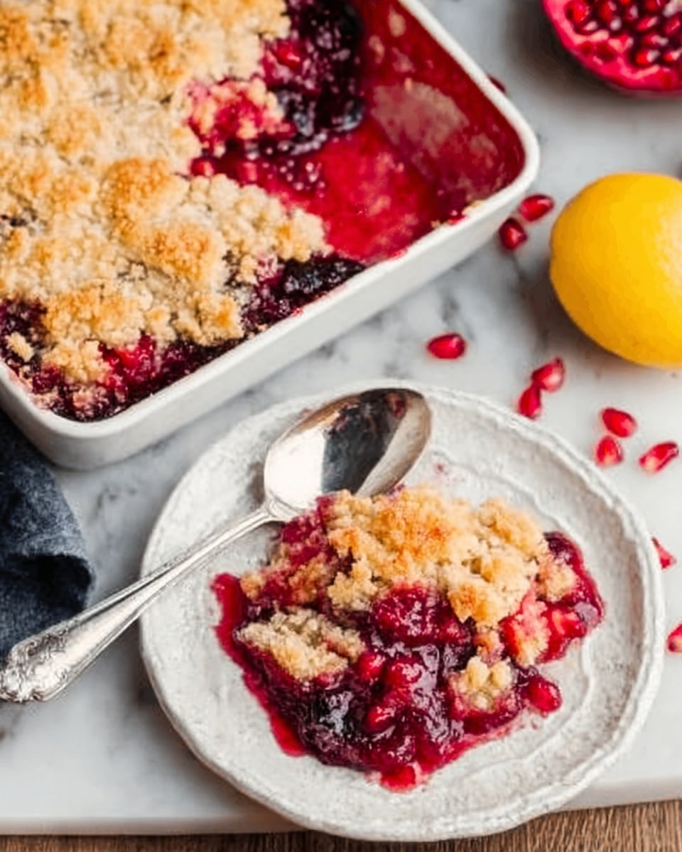 The image shows a serving of fruit cobbler on a white plate with a delicate, carved pattern. The cobbler has two clear layers: the top layer is a golden-brown, crumbly biscuit-like crust with a rough texture, while the bottom layer consists of bright red fruit filling that looks thick, juicy, and slightly glossy. Some pieces of the cooked fruit and juice drip onto the plate, adding to the rich appearance. The background features a white marbled texture with a white baking dish filled with the remaining cobbler, a spoon resting inside, and some scattered red fruit seeds and a sliced orange visible nearby. Photo taken with an iphone --ar 4:5 --v 7
