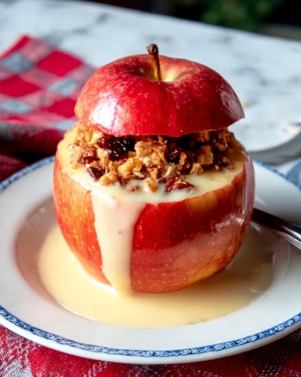 A red apple with its top cut off and placed back like a lid sits in the center of a white plate with a scalloped edge, resting on a white marbled surface. Inside the apple, there is a filling made of chopped nuts and raisins, with some light caramel or syrup dripping slightly down the sides. The apple is surrounded by a pool of creamy white sauce on the plate. A silver fork is placed in the lower right corner of the plate near the apple, and a white ceramic pitcher is partially visible on the right side of the background. photo taken with an iphone --ar 4:5 --v 7