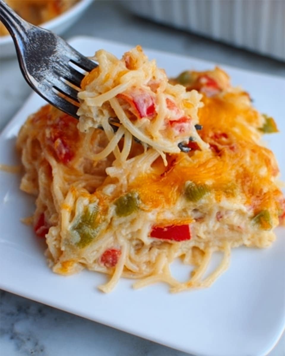 A serving of baked pasta casserole on a white square plate, showing multiple layers: a creamy, melted cheese layer on top with golden brown spots, visible bits of red and green bell peppers mixed in, and a layer below of spaghetti noodles covered in a cheesy sauce. A rusty fork is pressed into the dish, lifting some pasta from the middle, with a woman's hand holding the fork partially visible. The plate is set on a white marbled surface. photo taken with an iphone --ar 4:5 --v 7
