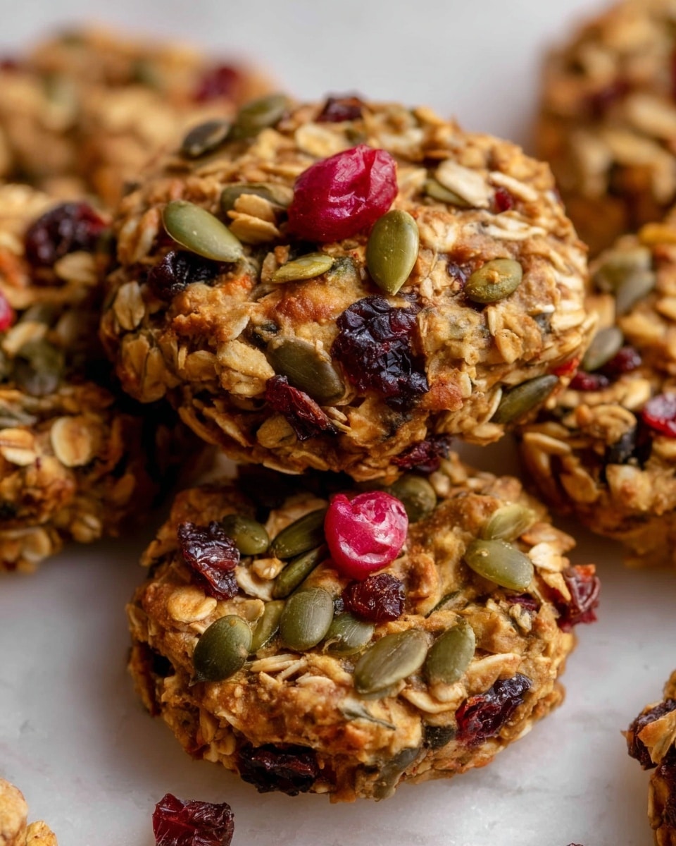 The image shows a close-up of several round oatmeal cookies with visible layers of oats, pumpkin seeds, dried cranberries, and raisins mixed together, creating a textured appearance with tan, green, dark purple, and red colors. The cookies are placed directly on a white marbled surface, which adds a soft, clean background contrast. Each cookie looks thick and chunky, with the oats forming the main body, while the seeds and dried fruits are scattered on top and inside, giving extra color and texture. A single bright red dried berry is placed in the space between the cookies, adding a pop of color. The lighting is soft and natural, highlighting the texture of the ingredients photo taken with an iphone --ar 4:5 --v 7