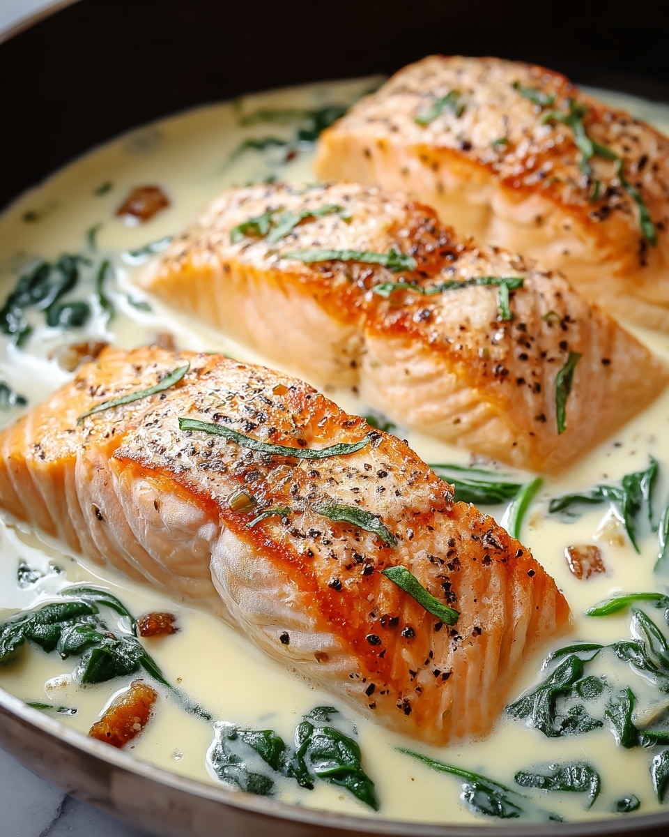The image shows three thick, golden-brown salmon fillets with crispy skin, sitting in a creamy light yellow sauce dotted with fresh green spinach leaves and small brown raisins. Each salmon piece has visible black pepper flakes and some herbs sprinkled on top, with a smooth drizzle of the sauce over the center of the fillets. The dish is captured inside a dark pan, placed over a white marbled texture surface. photo taken with an iphone --ar 4:5 --v 7