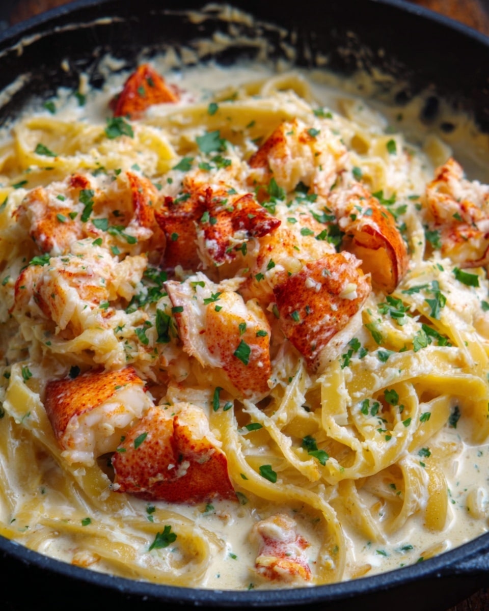 A close-up view of a black pan filled with creamy white pasta sauce and spaghetti, topped with bright orange lobster pieces that have a slightly rough texture. The lobster is scattered in three to four medium chunks on the creamy sauce, which covers the spaghetti fully. Small green herb bits are sprinkled evenly over the dish, adding a fresh touch. The background is a white marbled texture. Photo taken with an iphone --ar 4:5 --v 7
