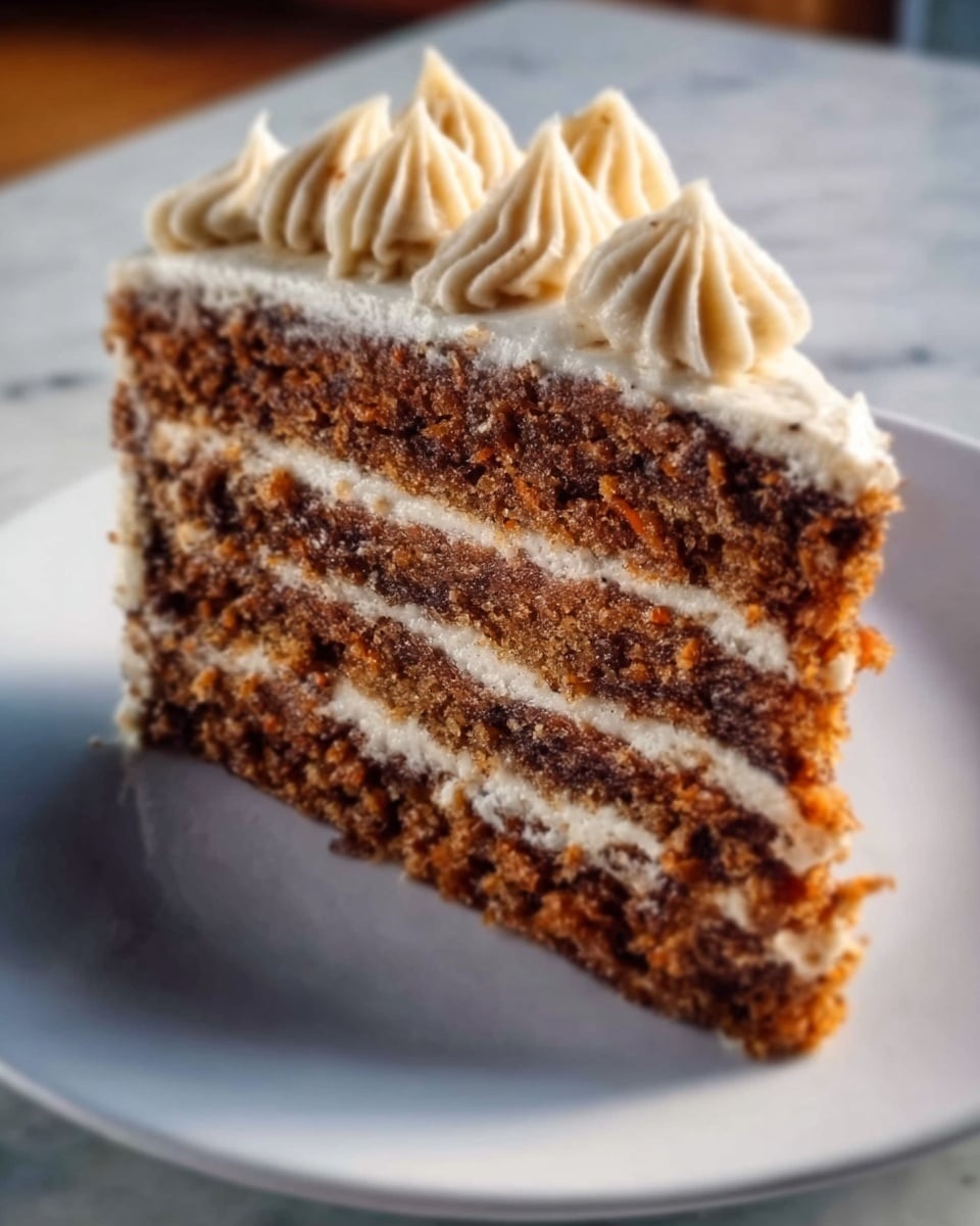 A tall slice of layered cake sits on a white plate on a white marbled surface. The cake has four visible layers of moist brown sponge, each separated by a creamy beige frosting. The top is decorated with swirls of the same creamy frosting and small bits of chopped nuts. The texture of the cake looks soft and slightly crumbly, while the frosting appears smooth and thick. photo taken with an iphone --ar 4:5 --v 7