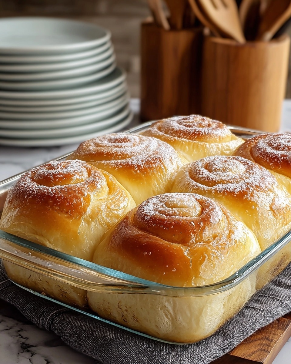 A glass baking dish holds six golden brown cinnamon rolls arranged in two rows of three, each roll showing multiple soft, flaky layers with a shiny, slightly crisp surface dusted lightly with powdered sugar. The rolls have a delicate swirl pattern on top, with a light cream color on the sides from the dough’s layers. The dish is placed on a gray cloth atop a white marbled textured surface, with blurred stacked white plates and more golden baked goods in the background. Photo taken with an iphone --ar 4:5 --v 7
