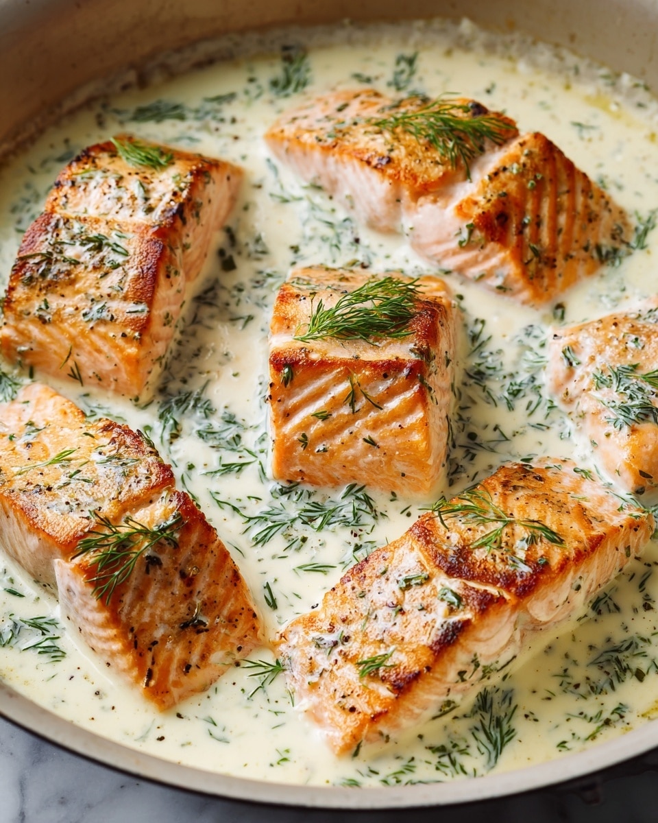 The image shows five thick pieces of cooked salmon arranged in a pan with a creamy white sauce. Each salmon piece has golden-brown, slightly crispy edges and grill marks on the top, with a pinkish-orange color inside. The creamy sauce covers the bottom of the pan and has small green dill leaves scattered on top and around the salmon pieces, adding a fresh look. The pan rests on a white marbled surface. photo taken with an iphone --ar 4:5 --v 7