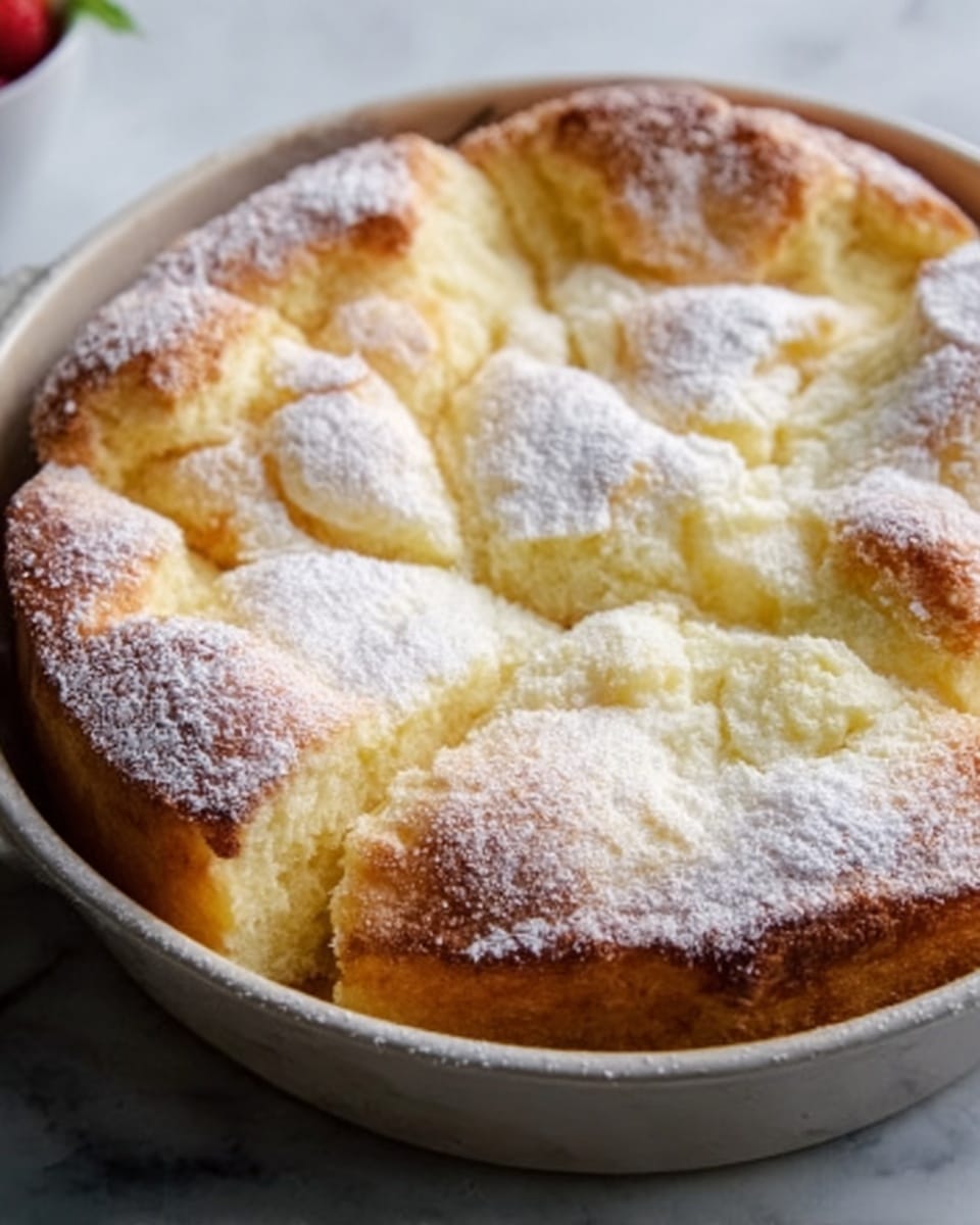 A round baked dessert in a black pan with a golden-brown crust on top that appears slightly cracked, revealing a soft and fluffy texture underneath. The crust is sprinkled with sugar crystals, adding a light sparkle, and the surface looks lightly browned and uneven with some puffed areas. The dessert fills the pan fully, showing a thick layer with a textured top, resting on a white marbled surface. Photo taken with an iphone --ar 4:5 --v 7