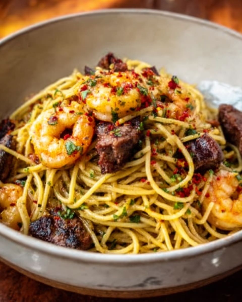 A white bowl filled with yellow spaghetti pasta topped with dark brown grilled steak slices and pink shrimp, sprinkled with small red chili pieces and green herbs. The noodles are glossy and slightly twisted, sitting beneath the meat and seafood which are arranged evenly on top. The bowl is placed on a white marbled surface. photo taken with an iphone --ar 4:5 --v 7