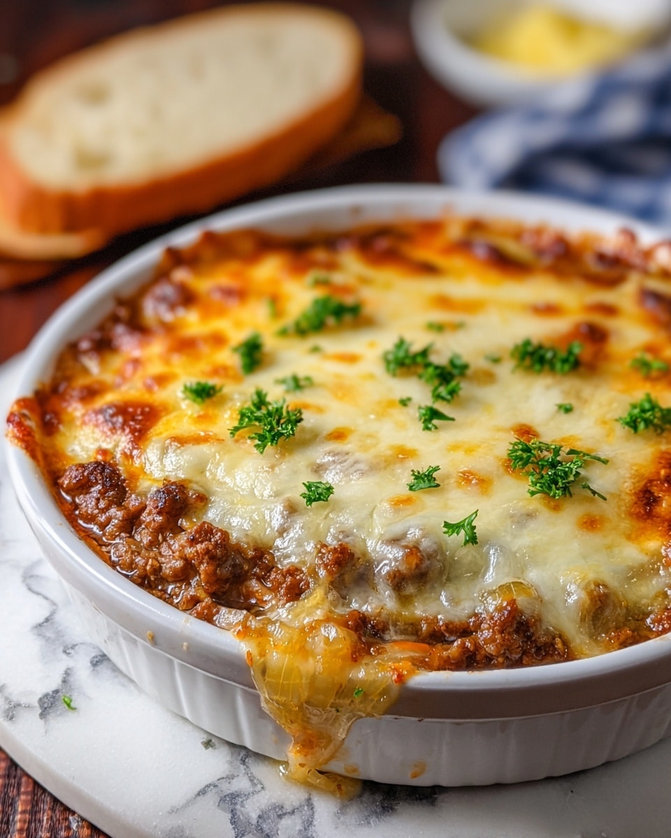 A close-up of a white round ceramic dish filled with a layered casserole. The bottom visible layers show cooked ground meat mixed with translucent cooked onions, and possibly other finely chopped vegetables. On top is a thick layer of melted golden-brown cheese, bubbly with some browned spots and garnished with small green parsley leaves. Wisps of steam rise from the hot dish, showing it is freshly cooked. In the blurry background, there is a white bowl with a yellow sauce and a piece of light-colored bread on a white marbled surface. photo taken with an iphone --ar 4:5 --v 7