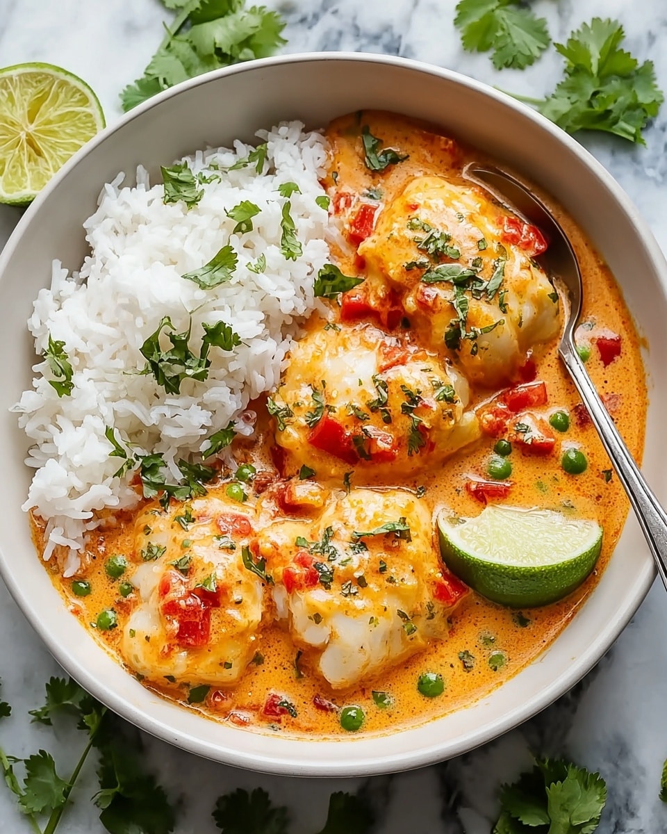 A white bowl filled halfway with fluffy white rice on one side and four pieces of white fish covered in a thick, creamy orange sauce with bits of red tomatoes and green peas all mixed in on the other side. The dish is topped with fresh green cilantro leaves and cracked black pepper. At the edge of the bowl, there is a bright green lime wedge, and a shiny silver spoon rests partially submerged in the sauce. The background is a white marbled texture with hints of cilantro leaves around the bowl. Photo taken with an iphone --ar 4:5 --v 7