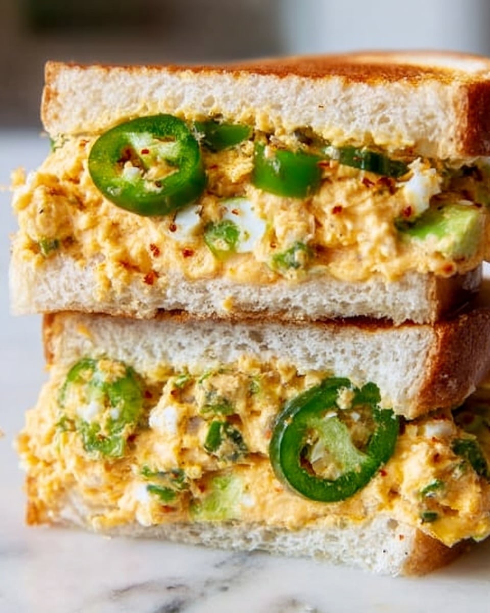 The image shows a close-up of a sandwich cut in half and stacked, revealing layers inside. The bottom and top layers are white bread toasted to a golden brown. Inside, there is a layer of green jalapeño slices with seeds visible, sitting above a thick, creamy layer mixed with small white chopped pieces, giving a slightly chunky texture. The creamy layer is orange-tinted with specks of green herbs spread throughout. The sandwich halves are on a white marbled surface. A woman's hand holds the top sandwich half. Photo taken with an iphone --ar 4:5 --v 7
