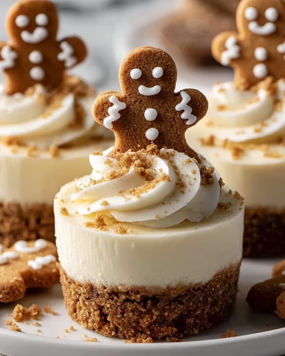 The image shows a close-up of a small dessert cup with three visible layers. The bottom layer is a thick crumbly brown base resembling a gingerbread crust. The middle layer is a creamy white filling that has a smooth texture and fills about half the cup. The top layer is a swirl of white frosting with a soft, whipped look, sprinkled lightly with small brown crumbs. At the center of the frosting sits a small gingerbread man cookie decorated with white icing for eyes, buttons, and a smile. The dessert is placed on a white plate, and the background is a white marbled surface with more similar desserts slightly blurred. Photo taken with an iphone --ar 4:5 --v 7