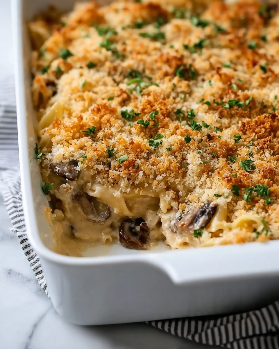 The image shows a white rectangular baking dish filled with a baked casserole. The top layer is a golden-brown crumbly crust with bits of green herbs sprinkled on it. Below the crust, creamy beige sauce is visible, mixed with pieces of browned mushrooms and other ingredients. The inside looks soft and rich, and a portion of the casserole is scooped out, showing the layers and textures inside. The dish is placed on a white marbled surface with a striped cloth partially visible on the side. photo taken with an iphone --ar 4:5 --v 7