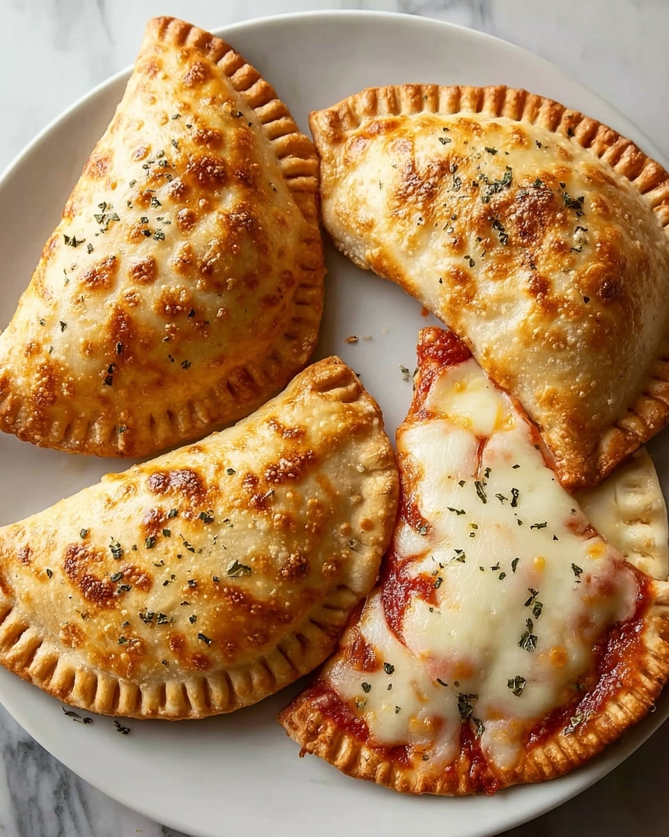 Four calzones sit on a round white plate, each folded half-moon shaped with a crimped edge. Two calzones have golden-brown browned melted cheese on top with some darker spots, and visible red tomato sauce peeking out from underneath. The other two calzones have a smooth golden-baked crust sprinkled lightly with herbs. The plate rests on a white marbled surface, and a small bowl with a spice mix is partly visible in the top left corner. Photo taken with an iphone --ar 4:5 --v 7