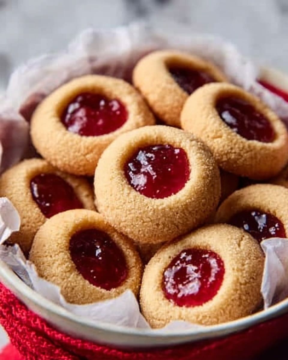 A white bowl filled with round cookies that have a soft brown color and a smooth texture. Each cookie has a shiny red jam center that looks slightly glossy and thick. The cookies are stacked loosely, resting on white parchment paper inside the bowl. The background shows a soft blur of green and warm lights. photo taken with an iphone --ar 4:5 --v 7