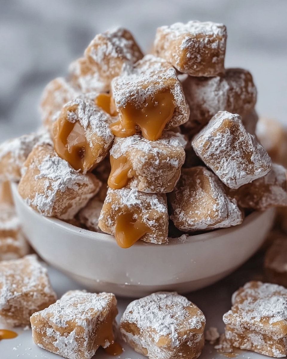 The image shows a white bowl full of small, square caramel candies covered with a light dusting of powdered sugar. Each candy has a rough, slightly bumpy surface and a light brown color from the caramel inside, some of which is oozing out. The candies are piled high, and some pieces are scattered outside the bowl. The background is a white marbled texture, softly blurred to keep the focus on the candies. photo taken with an iphone --ar 4:5 --v 7