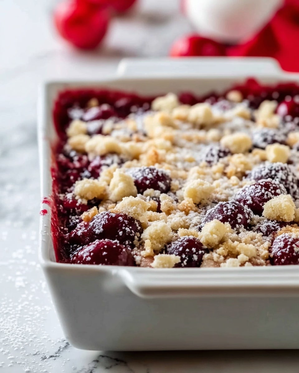 A close-up of a white rectangular baking dish filled with a layered cherry dessert. The bottom layer is a dark red cherry filling with whole cherries visible. On top, there is a layer of light brown crumbly streusel and scattered small chunks of pale dough. The dessert is sprinkled with white powdered sugar, creating a dusted effect over the cherries and streusel. The background features a white marbled texture and a blurred red and white item in the distance. Photo taken with an iphone --ar 4:5 --v 7