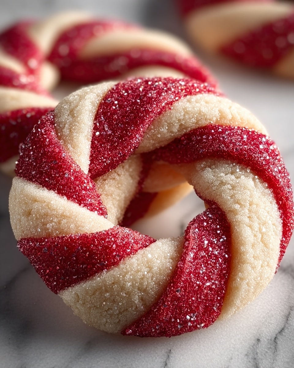 The image shows a close-up of a round cookie with twisted stripes in two colors: bright red and creamy white. The cookie has a sugar-coated, slightly grainy texture that sparkles in the light. The red and white stripes alternate evenly, creating a spiral pattern that curves around a small hollow center. The cookie sits on a soft white cloth, and the background is a white marbled texture. Photo taken with an iphone --ar 4:5 --v 7