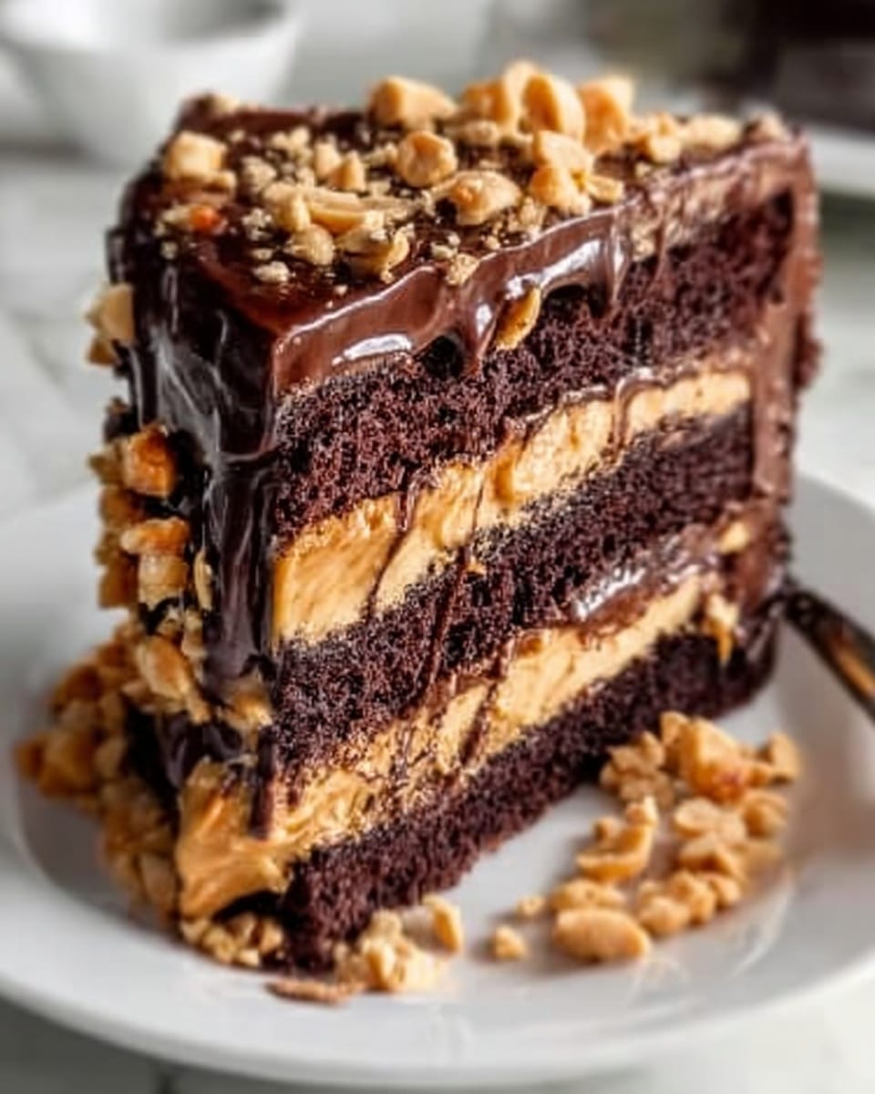 A close-up view of a thick slice of chocolate cake with three layers. The bottom and top layers are dark, moist chocolate cake, while the middle layer is caramel-colored with a slightly creamy texture. Between each cake layer, there is a smooth peanut butter filling. The entire slice is covered in a shiny, dark chocolate ganache that drips slightly down the sides. On top, there are small pieces of crushed peanuts scattered around, adding a crunchy texture. The slice sits on a white plate, placed on a white marbled surface. photo taken with an iphone --ar 4:5 --v 7