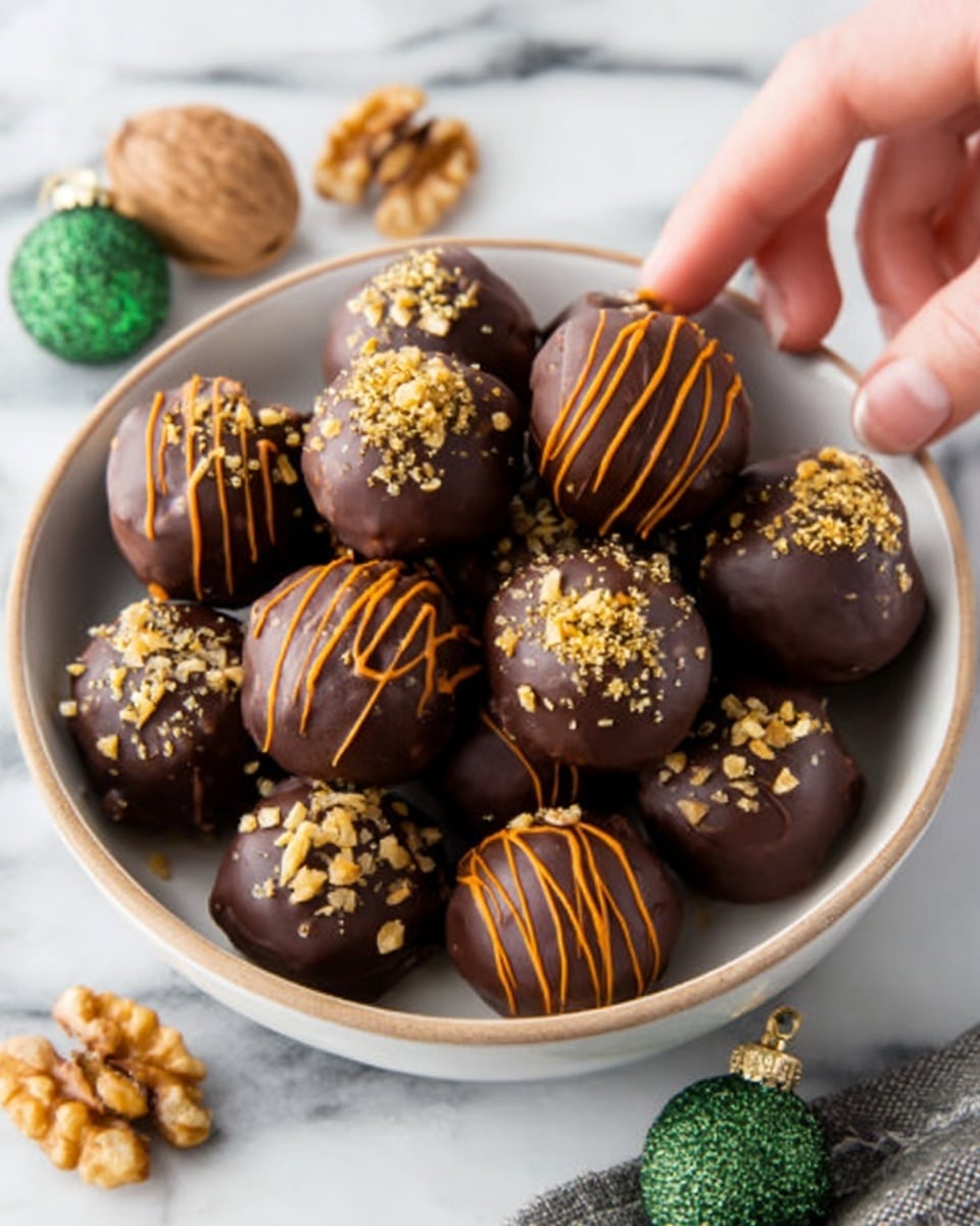 A white bowl filled with round chocolate truffles stacked in multiple layers, each truffle coated with smooth dark chocolate. Some truffles are decorated with thin orange drizzle lines across the tops, and a few are sprinkled with small yellow crushed candy pieces. The bowl sits on a red cloth with a white marbled surface beneath. Around the bowl, there are walnuts and green decorative balls. Photo taken with an iphone --ar 4:5 --v 7