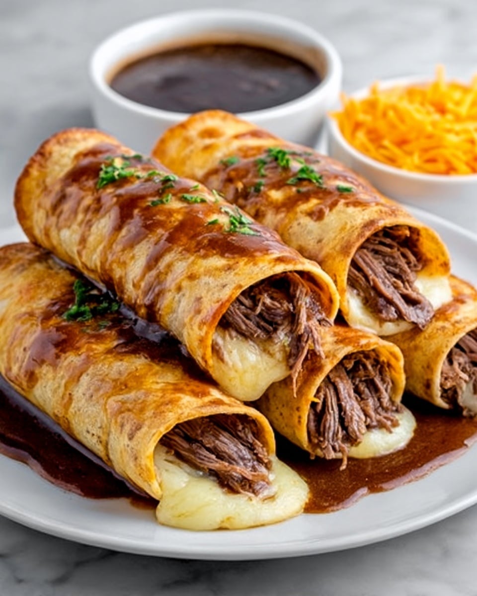 Four rolled tortillas with a browned and slightly crispy outer layer are stacked closely on a white plate. Inside each tortilla, there is a soft, melted white cheese layer at the bottom, topped with shredded dark brown beef covered with a thick shiny brown sauce that drips slightly from the ends. Small green herb pieces are sprinkled on top of the tortillas. In the back, there is a white bowl with more dark brown sauce and a white bowl with shredded orange cheese. The scene is set on a white marbled surface. photo taken with an iphone --ar 4:5 --v 7