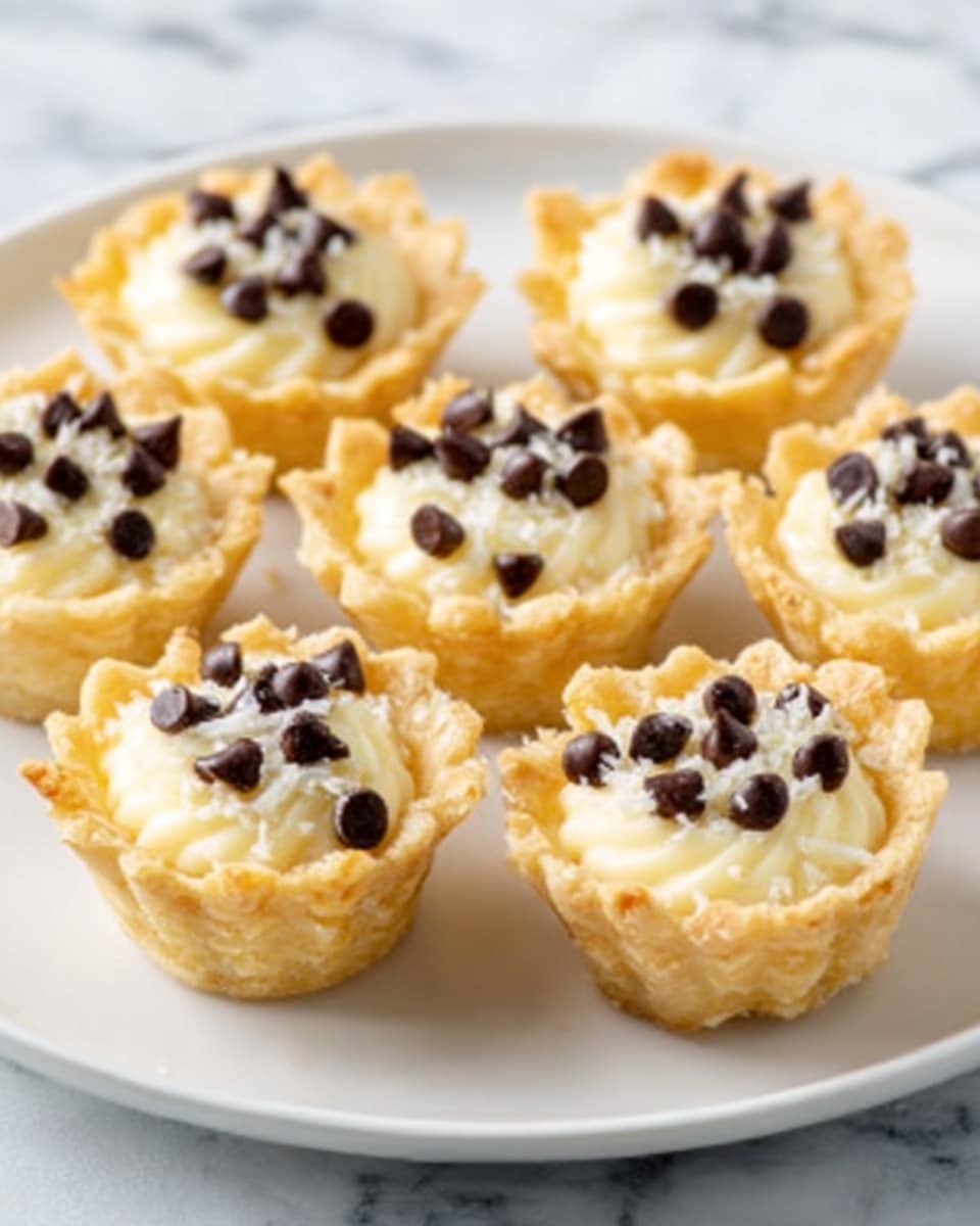 The image shows a white plate holding multiple small tartlets, each with three distinct layers. The bottom layer is a light golden-brown, flaky crust with ruffled edges forming small cups. Inside the crust, the middle layer is a smooth, creamy white filling that slightly rises above the tart shell. On top, scattered chocolate chips form the third layer, their dark color contrasting sharply with the white filling. The tartlets are arranged closely but neatly on the plate, all set on a white marbled surface. photo taken with an iphone --ar 4:5 --v 7