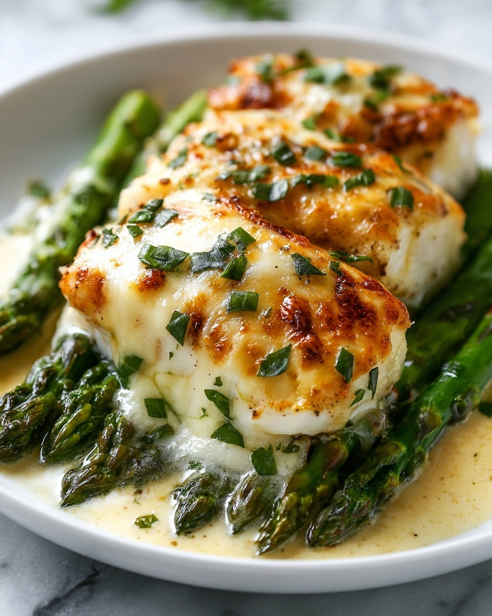 The dish shows three pieces of white fish fillets, each topped with a golden-brown, melted cheese layer sprinkled with small green herb pieces. Beneath the fish is a bed of bright green asparagus spears, some slightly charred, sitting in a creamy sauce that partly covers the white plate. The cheese appears slightly bubbly and glossy with a crispy edge, and the herbs add a fresh touch over the top. The whole scene is set on a white marbled surface. photo taken with an iphone --ar 4:5 --v 7