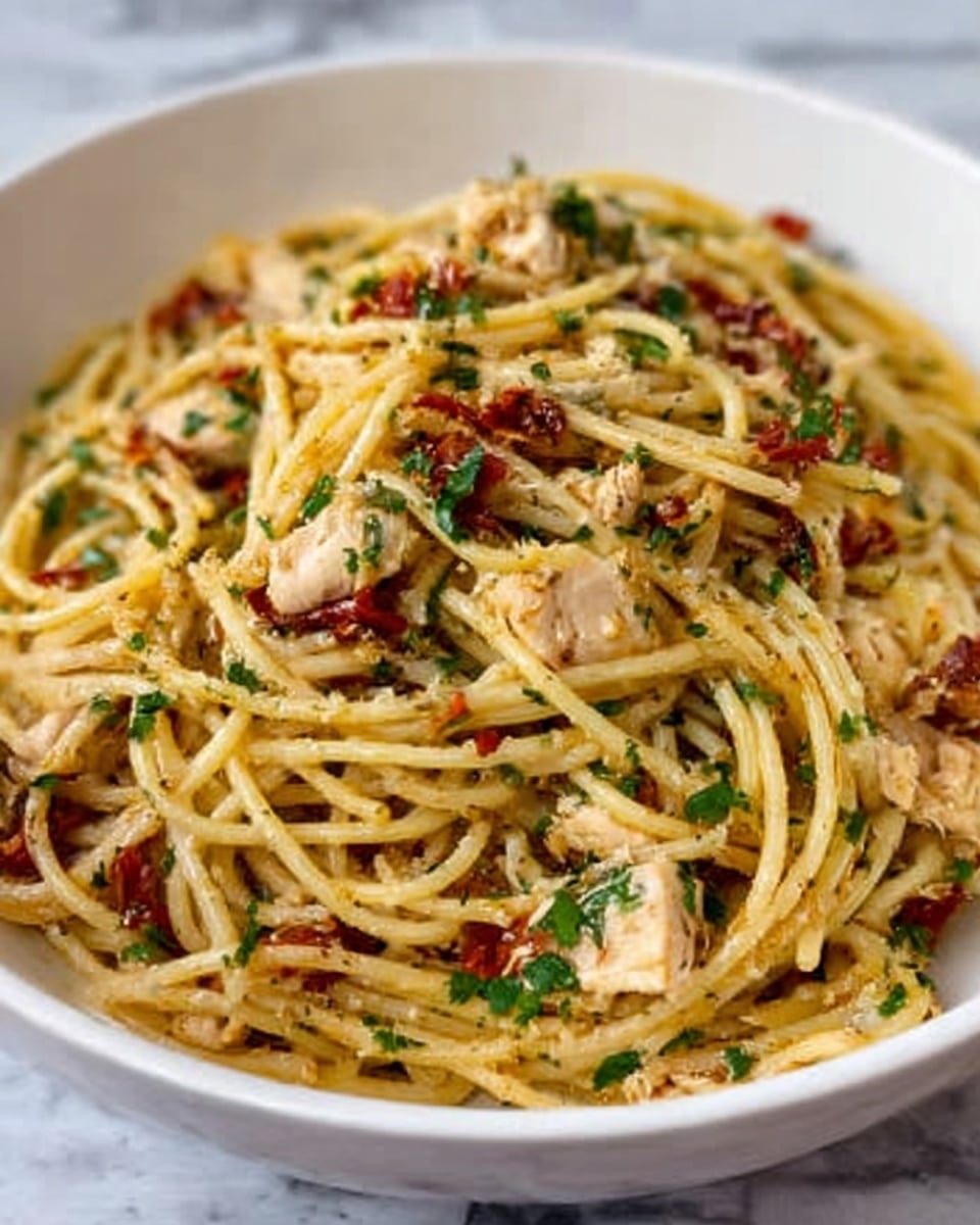 A white bowl holds a dish of spaghetti pasta mixed with small pieces of white chicken and bits of red sun-dried tomatoes scattered throughout. The pasta is coated lightly in oil with some green parsley leaves sprinkled on top for color. The noodles are slightly shiny with a soft texture, and the chicken pieces are tender and slightly browned. The background is a white marbled surface. photo taken with an iphone --ar 4:5 --v 7