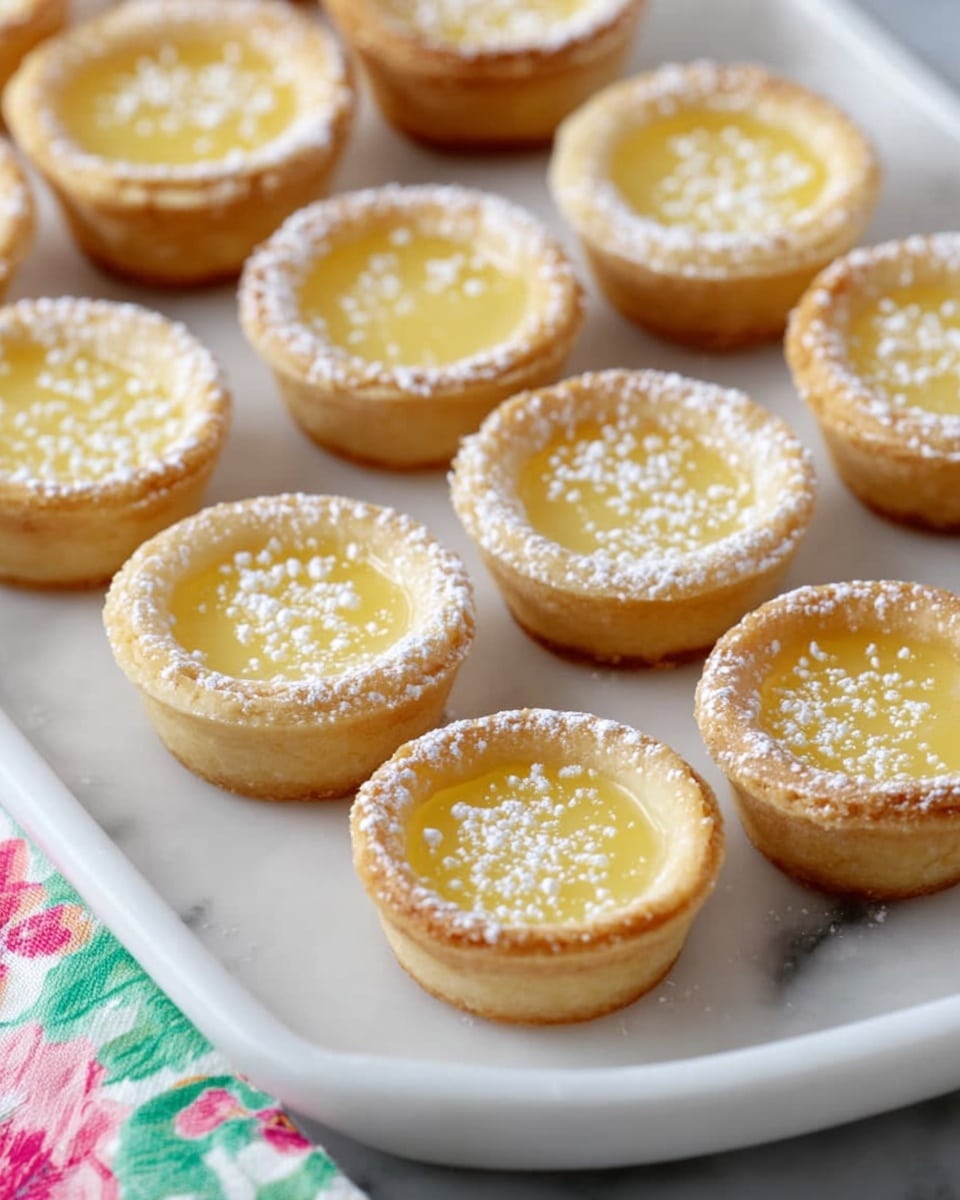 The image shows several small lemon tarts arranged neatly on a white tray, placed over a white marbled surface. Each tart has a golden brown crust that forms a cup-like shape, filled with a smooth, glossy pale yellow lemon filling. The tops of the tarts are sprinkled with a dusting of powdered sugar, adding a light dust-like texture. In the corner of the image, there is a colorful cloth with floral patterns partially visible. The overall look is clean and bright, highlighting the soft and shiny surface of the lemon filling and the slightly crisp texture of the tart shells, photo taken with an iphone --ar 4:5 --v 7