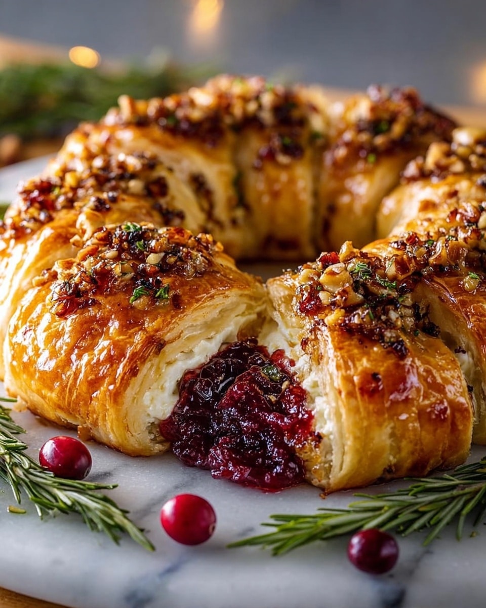 The image shows a golden-brown pastry ring with a flaky, shiny crust that is crisped on the outer layer. The pastry is cut into sections, revealing a creamy white cheese layer inside, topped with a thick, deep red cranberry sauce filling in the center. The top is sprinkled with small, browned bits of nuts and herbs, adding texture and color contrast. The pastry ring sits on a white marbled surface with sprigs of fresh green rosemary and some scattered red cranberries around it. The lighting highlights the glossiness and flaky texture of the pastry. photo taken with an iphone --ar 4:5 --v 7