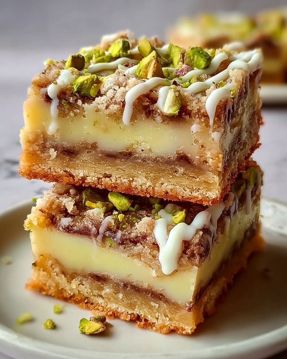 A stack of two square dessert bars is shown on a white plate, placed on a white marbled surface. Each bar has three clear layers: a thick base layer of golden, crumbly crust; a middle layer of creamy, pale yellow filling that looks smooth and soft; and a top layer with a light brown crumbly texture mixed with gooey chocolate. The top is decorated with white icing drizzles and small scattered green pistachio pieces. The bars are slightly uneven, showing the rich, soft filling inside. Photo taken with an iphone --ar 4:5 --v 7