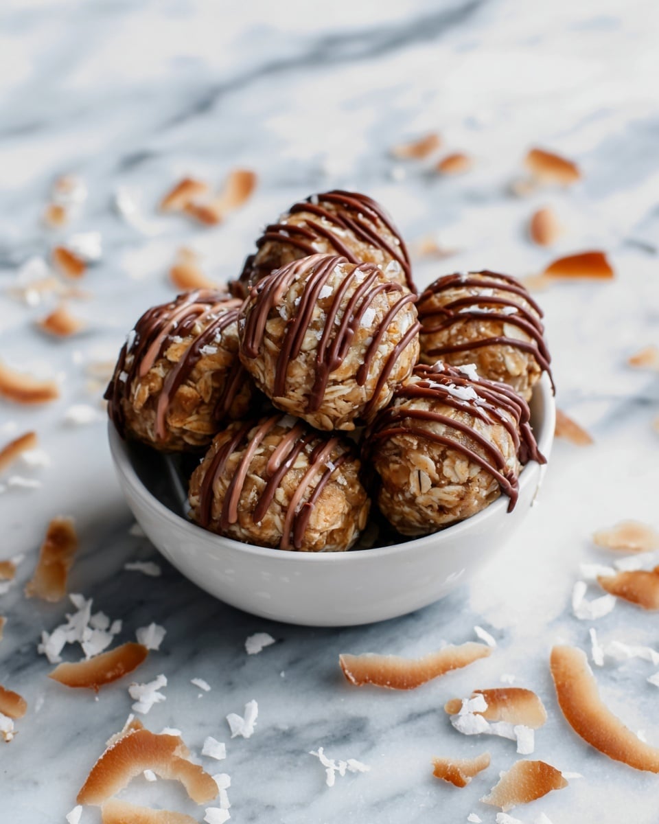 The image shows a small white bowl filled with round oat balls that have a rough texture from the oats and small nut pieces visible on their surface. Each ball is drizzled with smooth, light brown chocolate sauce applied in thick lines that run across the top and sides. The bowl sits on a white marbled surface scattered with small pieces of white coconut flakes and light brown dried fruit bits arranged around the bowl. The oat balls are stacked so that some sit on top of others, creating a layered pile inside the bowl. photo taken with an iphone --ar 4:5 --v 7