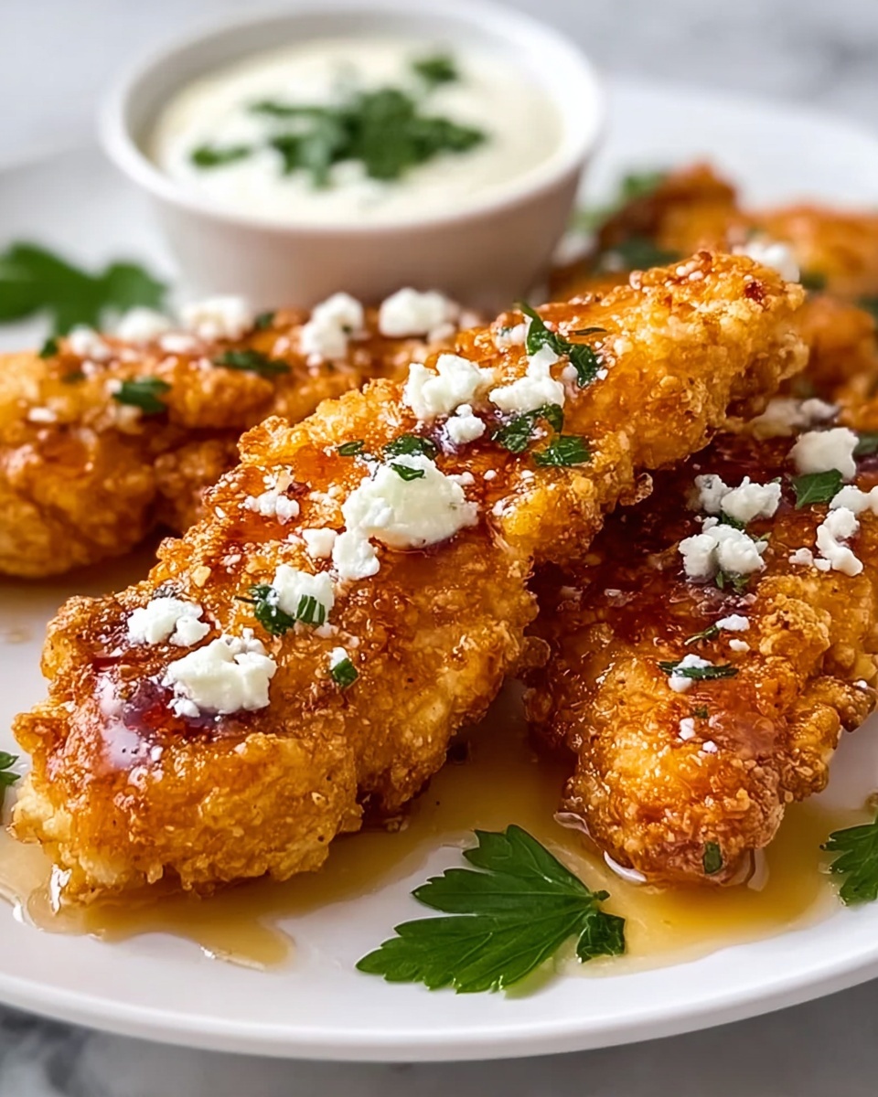 The image shows three pieces of crispy golden-brown chicken tenders placed closely together on a white plate, each piece covered with small white crumbled cheese and a slight glaze of honey or syrup making them shine. Fresh green parsley leaves are scattered on and around the chicken, adding a fresh touch. There is a small white bowl of creamy dipping sauce topped with more green parsley visible in the background on the same plate. The plate is set on a white marbled surface, giving a clean and bright look. Photo taken with an iphone --ar 4:5 --v 7