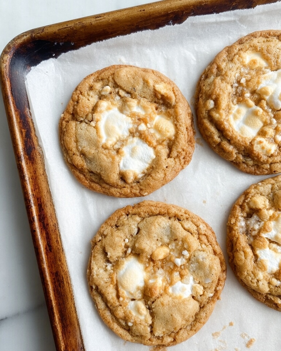 The image shows four round cookies on a white baking paper lined inside a metal tray with a dark brown edge. Each cookie looks soft and chewy with a golden-brown color and has visible soft white marshmallow pieces melting on top, especially in the center. The cookies have a slightly uneven, textured surface with small sugary bits and a rough edge. The tray sits on a white marbled texture background. photo taken with an iphone --ar 4:5 --v 7