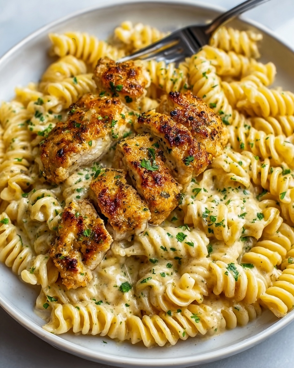 A white plate holds a pasta dish with three large pieces of golden brown grilled chicken on top, sprinkled with green herbs. The pasta is spiral-shaped and creamy, colored light yellow, filling the left side of the plate while the chicken sits on the right. A silver fork is resting on the edge of the plate near the pasta. The whole scene is set on a white marbled surface. Photo taken with an iphone --ar 4:5 --v 7